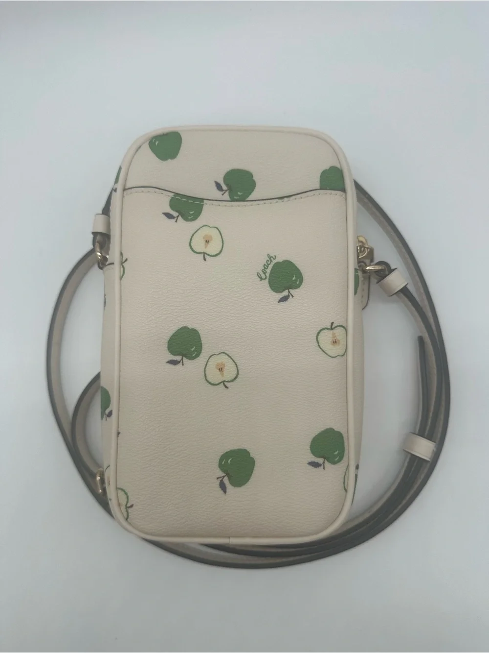 Coach Cream Crossbody Phone Pouch with Green Apple Motif